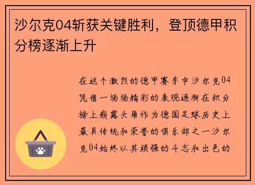 沙尔克04斩获关键胜利，登顶德甲积分榜逐渐上升