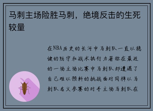马刺主场险胜马刺，绝境反击的生死较量