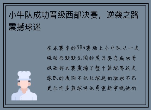 小牛队成功晋级西部决赛，逆袭之路震撼球迷